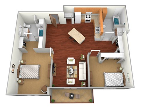 a floor plan of a two bedroom apartment with two bathrooms and a living room with a fireplace at Northridge Apartments, Pine City, MN